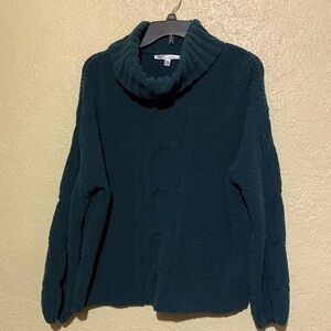 Seven 7 Sweater L Deep Sea Green Stretchy Chunky Pullover Turtleneck Polyester